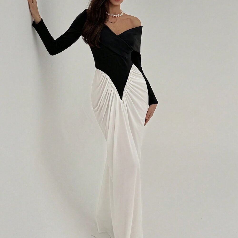 Black And White Elegant Women's Colorblock Maxi Dress